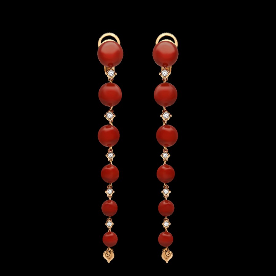 Jewelry Chantecler | Orecchini Pendenti Lunghi Cherie In Oro Rosa 18Kt, Diamanti E Corallo Rosso. Cod.42331