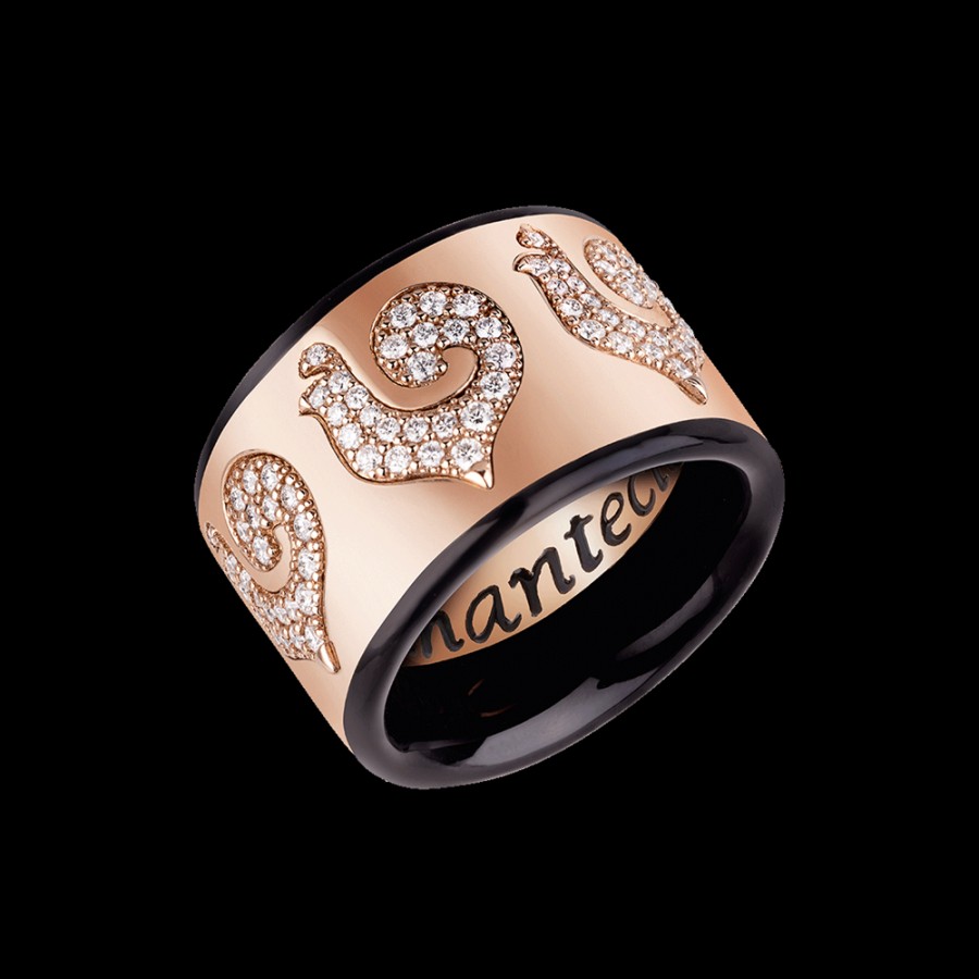 Jewelry Chantecler | Anello Fascia Carousel In Oro Rosa 18Kt, Galli In Pave Di Diamanti E Smalto Nero Cod.41030