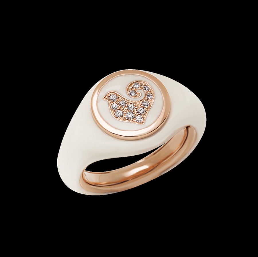 Jewelry Chantecler | Anello Paillettes Sygillum In Oro Rosa 18Kt, Galletto In Pave Di Diamanti E Smalto Bianco Cod.42701