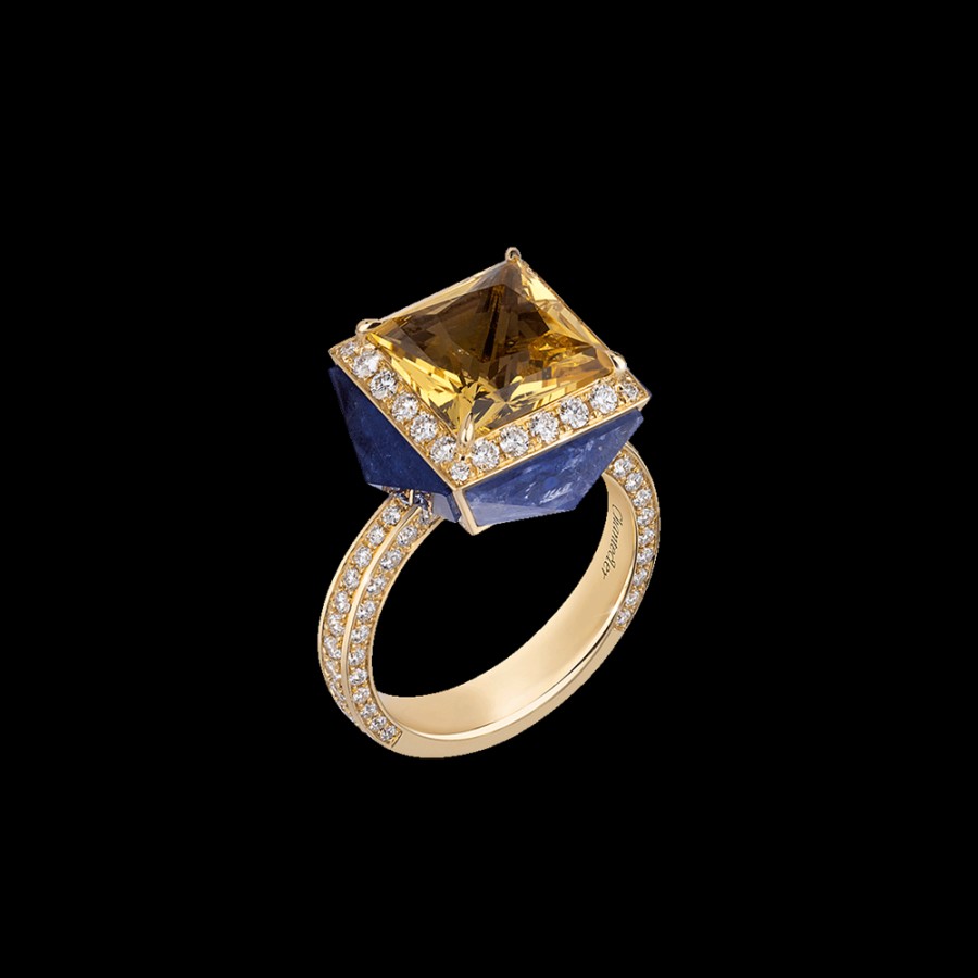 Jewelry Chantecler | Anello Piazzetta In Oro Giallo 18Kt Con Centro In Berillo Giallo, Cuspidi In Diamanti E Tanzanite Cod.41190