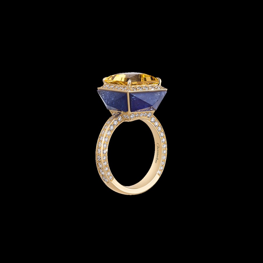 Jewelry Chantecler | Anello Piazzetta In Oro Giallo 18Kt Con Centro In Berillo Giallo, Cuspidi In Diamanti E Tanzanite Cod.41190