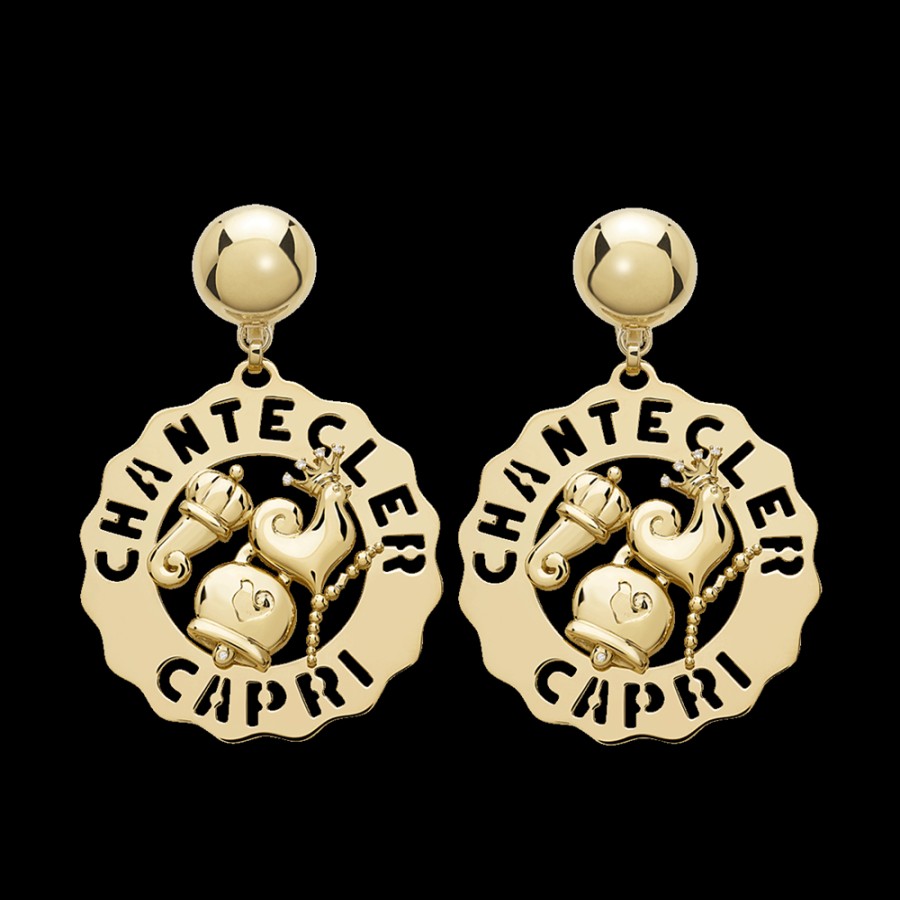 Jewelry Chantecler | Orecchini Logo Gallo, Campanella, Cornetto Grandi In Oro Giallo 18Kt E Diamanti Cod.39934