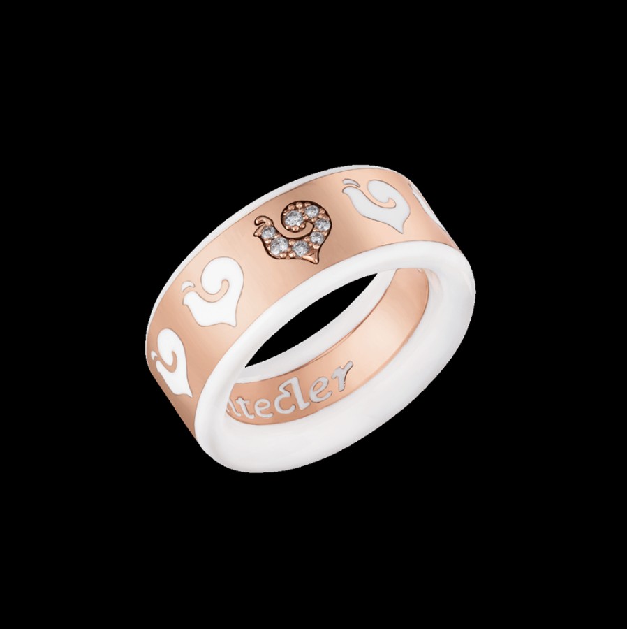 Jewelry Chantecler | Anello Fede Carousel In Oro Rosa 18Kt, Gallo In Pave Di Diamanti E Smalto Bianco Cod.41031