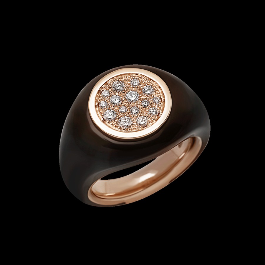 Jewelry Chantecler | Anello Paillettes Sygillum In Oro Rosa 18Kt, Pave Di Diamanti E Smalto Nero Cod.42704