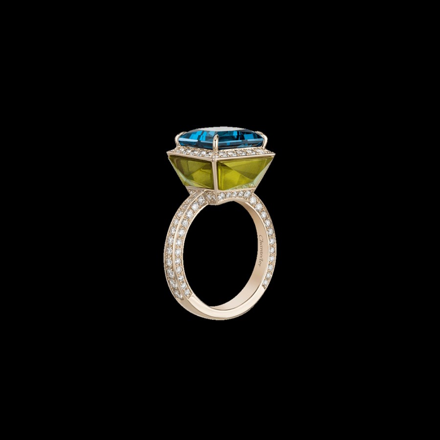 Jewelry Chantecler | Anello Piazzetta In Oro Biallo 18Kt Con Centro In Topazio London E Cuspidi In Diamanti E Ambra Verde Cod.41189