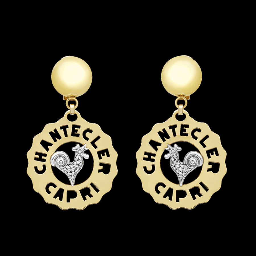 Jewelry Chantecler | Orecchini Logo Gallo Piccoli In Oro Giallo E Bianco 18Kt E Diamanti Cod.23188