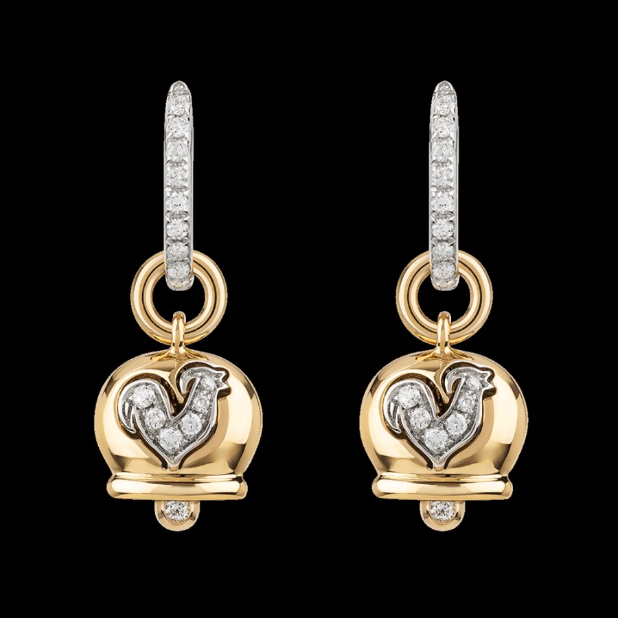 Jewelry Chantecler | Orecchini Campanella Piccoli In Oro Giallo 18Kt, Diamanti E Gallo In Pave Di Diamanti Cod.32558