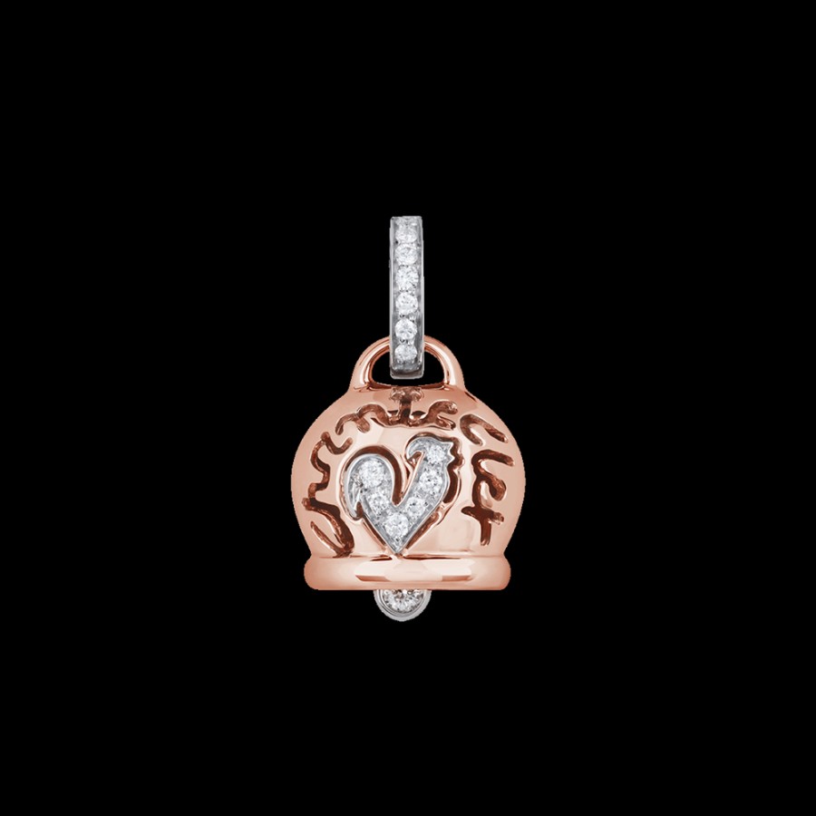 Jewelry Chantecler | Ciondolo Campanella Medio In Oro Rosa 18Kt, Diamanti E Gallo In Pave Di Diamanti Cod.26712