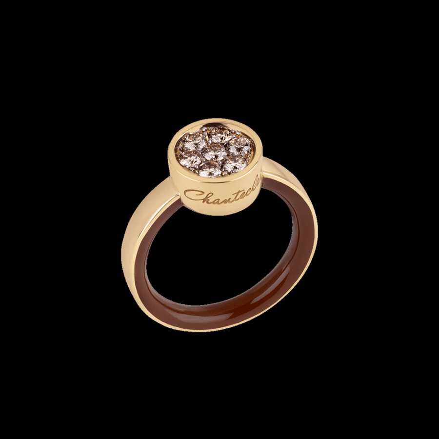 Jewelry Chantecler | Anello Capritude Paillettes In Oro Giallo 18Kt, Pave Di Diamanti Champagne E Smalto Caramello Cod.41270