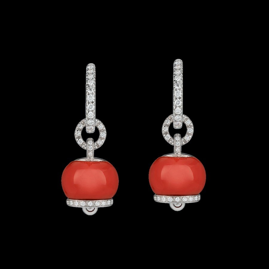 Jewelry Chantecler | Orecchini Campanella Piccoli In Oro Bianco 18Kt, Diamanti E Corallo Rosso Cod.30959