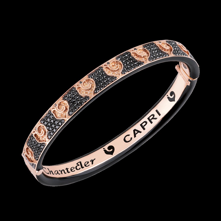 Jewelry Chantecler | Bracciale Rigido Carousel In Oro Rosa 18Kt E Pave Di Diamanti Neri, Galli In Diamanti Champagne E Smalto Nero. Cod.41113