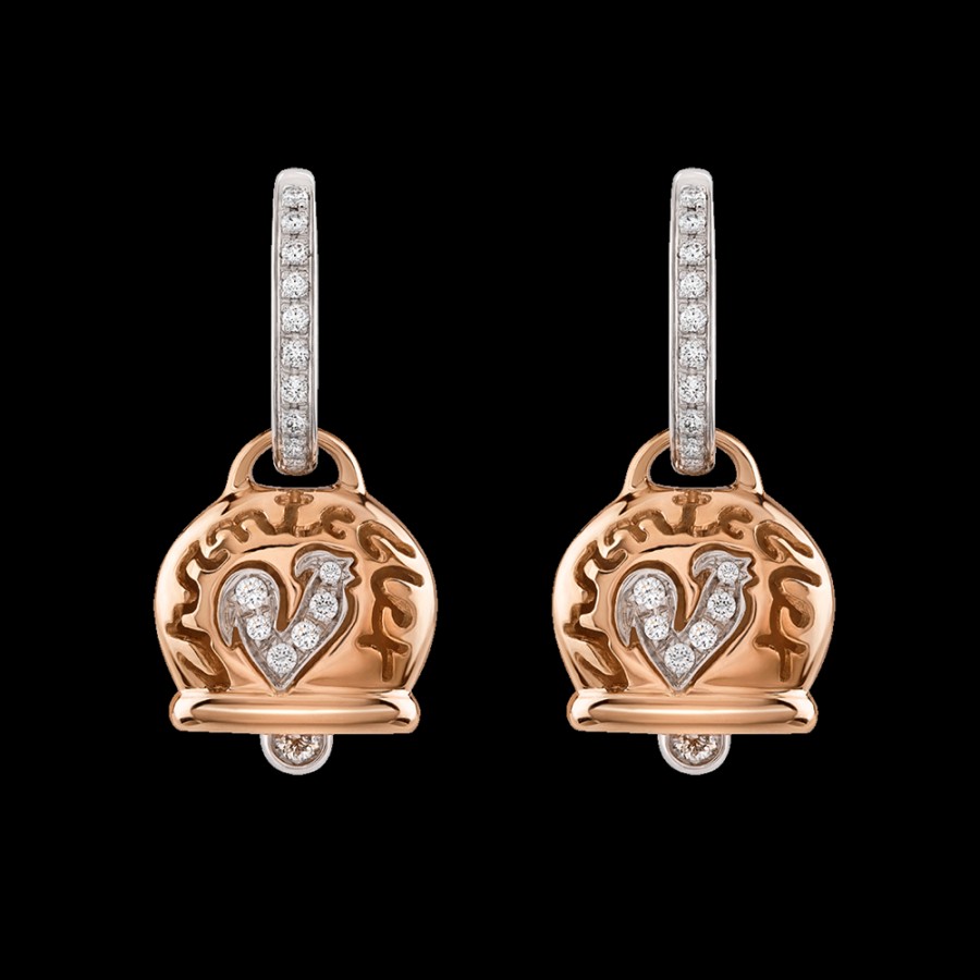 Jewelry Chantecler | Orecchini Campanella Medi In Oro Rosa 18Kt, Diamanti E Gallo In Pave Di Diamanti Cod.26867