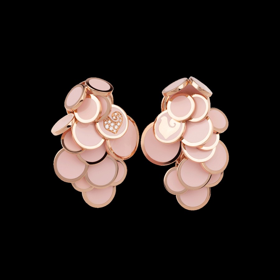 Jewelry Chantecler | Orecchini A Cascata Paillettes In Oro Rosa 18Kt, Diamanti E Smalto Rosa Cod.38905