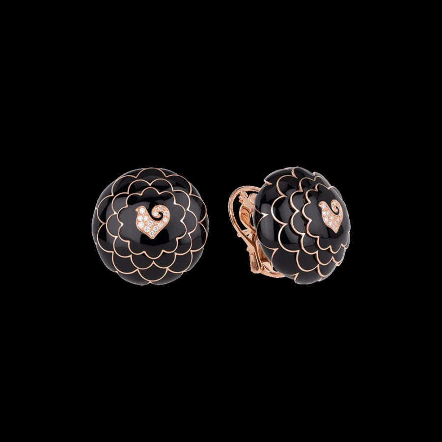 Jewelry Chantecler | Orecchini Bottone Paillettes In Oro Rosa 18Kt, Diamanti E Smalto Nero Cod.41125