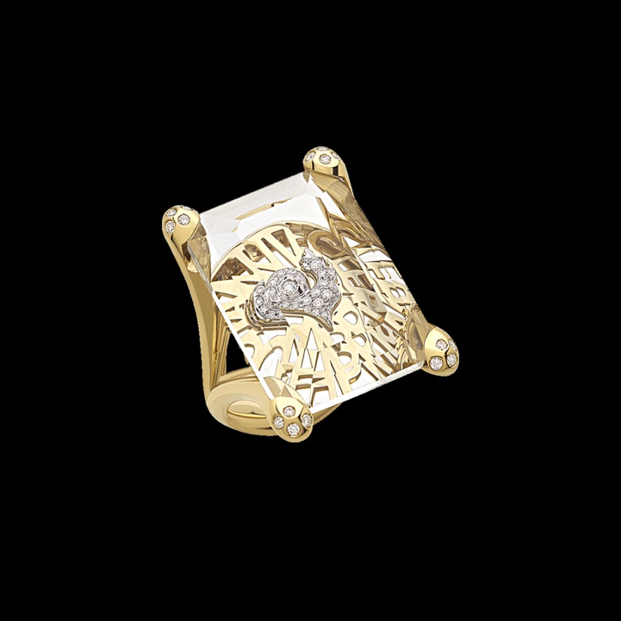 Jewelry Chantecler | Anello Logo In Oro Giallo 18Kt, Siamite E Gallo In Diamanti Cod.40256