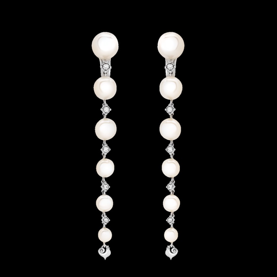 Jewelry Chantecler | Orecchini Pendenti Lunghi Cherie In Oro Bianco 18Kt, Diamanti E Perle Freshwater. Cod.42333