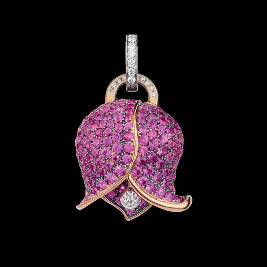 Jewelry Chantecler | Ciondolo Campanella Grande Bouganville In Oro Rosa 18Kt, Zaffiri Rosa E Diamanti Cod.41249