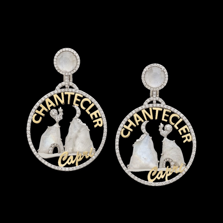 Jewelry Chantecler | Orecchini Logo Moonlight Piccolo In Oro Bianco E Giallo 18Kt, Diamanti E Labradorite Cod.40377