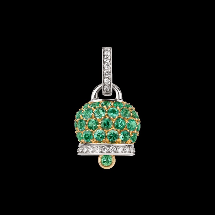 Jewelry Chantecler | Ciondolo Campanella Medio In Oro Giallo E Bianco 18Kt, Diamanti E Pave Di Smeraldi Cod.17747