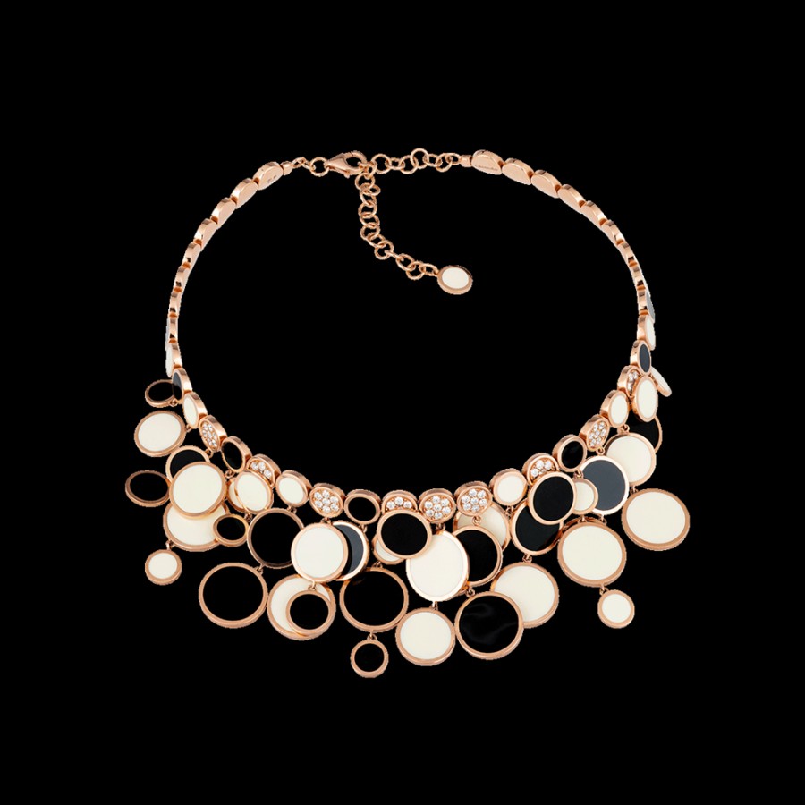 Jewelry Chantecler | Collana A Cascata Paillettes In Oro Rosa 18Kt, Diamanti E Smalto Nero E Bianco Cod.38683