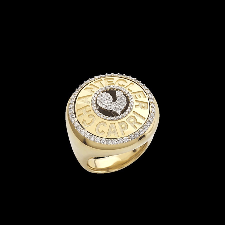 Jewelry Chantecler | Anello Sigillo Logo In Oro Giallo 18Kt E Diamanti Cod.40742