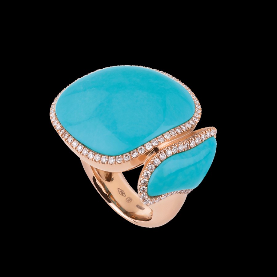 Jewelry Chantecler | Anello Scultura Enchante In Oro Rosa 18Kt, Diamanti E Turchese Cod.37211