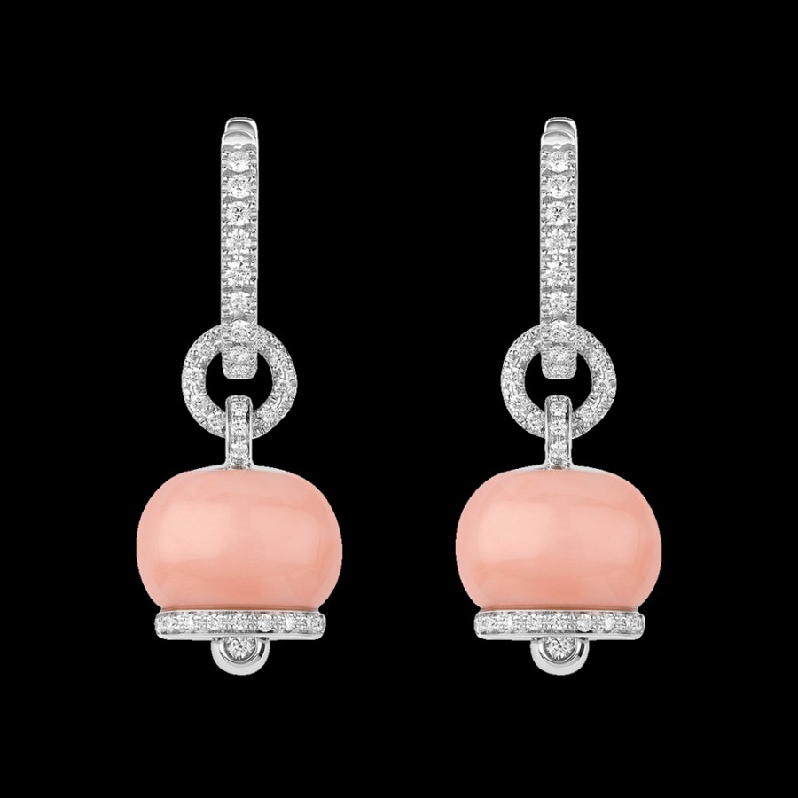 Jewelry Chantecler | Orecchini Campanella Piccoli In Oro Bianco 18Kt, Diamanti E Corallo Rosa Cod.30958