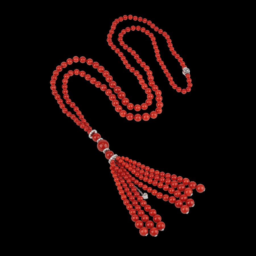 Jewelry Chantecler | Sautoir Cherie In Oro Bianco 18Kt, Diamanti E Corallo Rosso Cod.38470