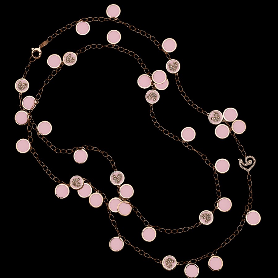 Jewelry Chantecler | Collana Lunga Paillettes 90Cm In Oro Rosa 18Kt, Diamanti E Smalto Rosa Cod.42692