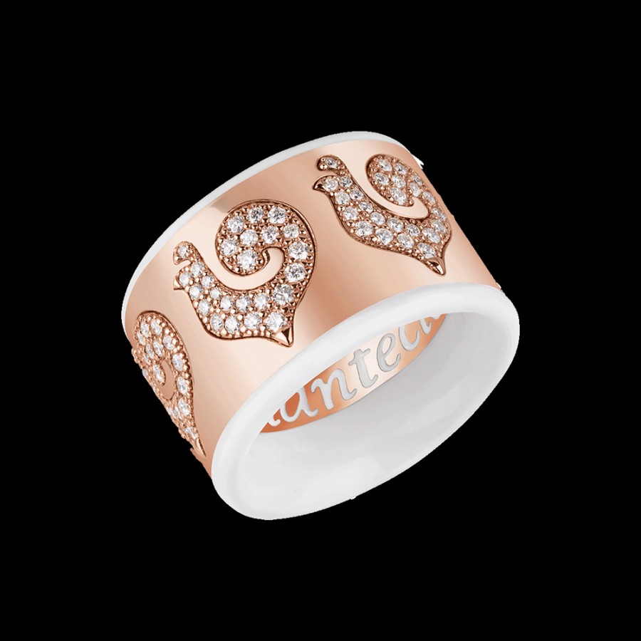 Jewelry Chantecler | Anello Fascia Carousel In Oro Rosa 18Kt, Galli In Pave Di Diamanti E Smalto Bianco Cod.41029