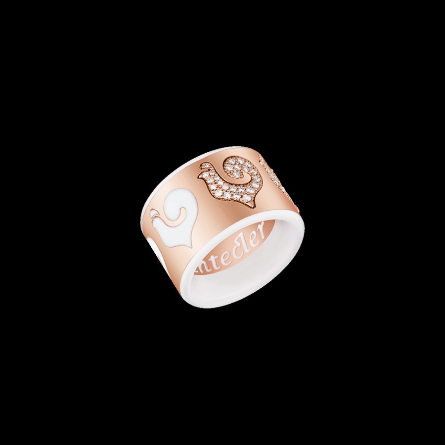 Jewelry Chantecler | Anello Fascia Carousel In Oro Rosa 18Kt, Galli In Pave Di Diamanti E Smalto Bianco Cod.41029