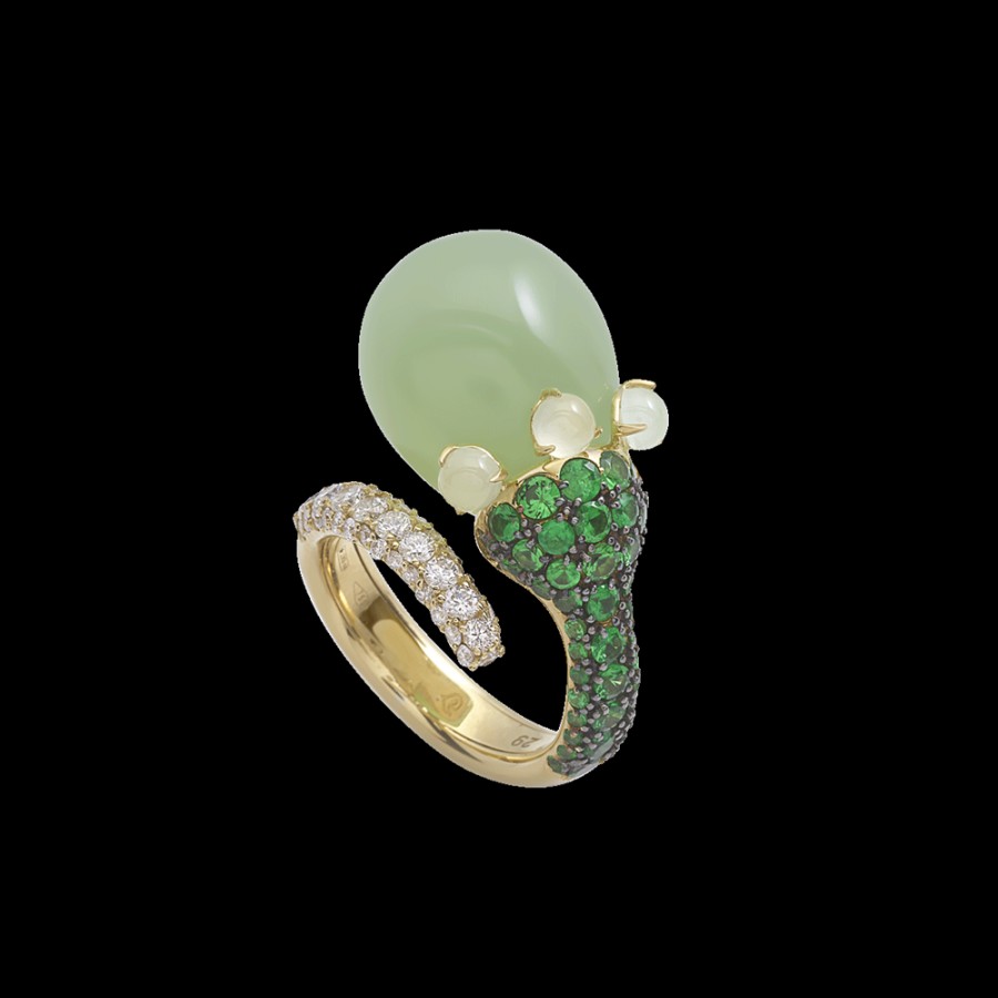 Jewelry Chantecler | Anello Joyful In Oro Giallo 18Kt, Diamanti, Tzavoriti E Poire In Cristallo Color Verde Mela. Cod.41958