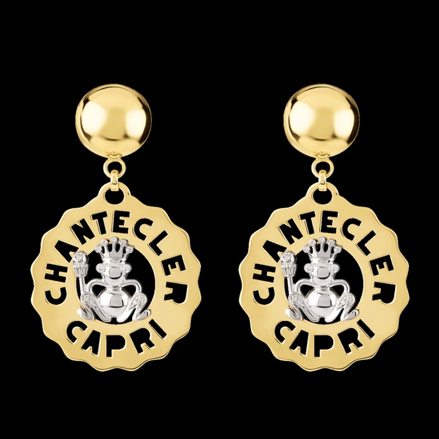 Jewelry Chantecler | Orecchini Logo Principe Ranocchio Piccoli In Oro Giallo E Bianco 18Kt E Diamanti Cod.24122