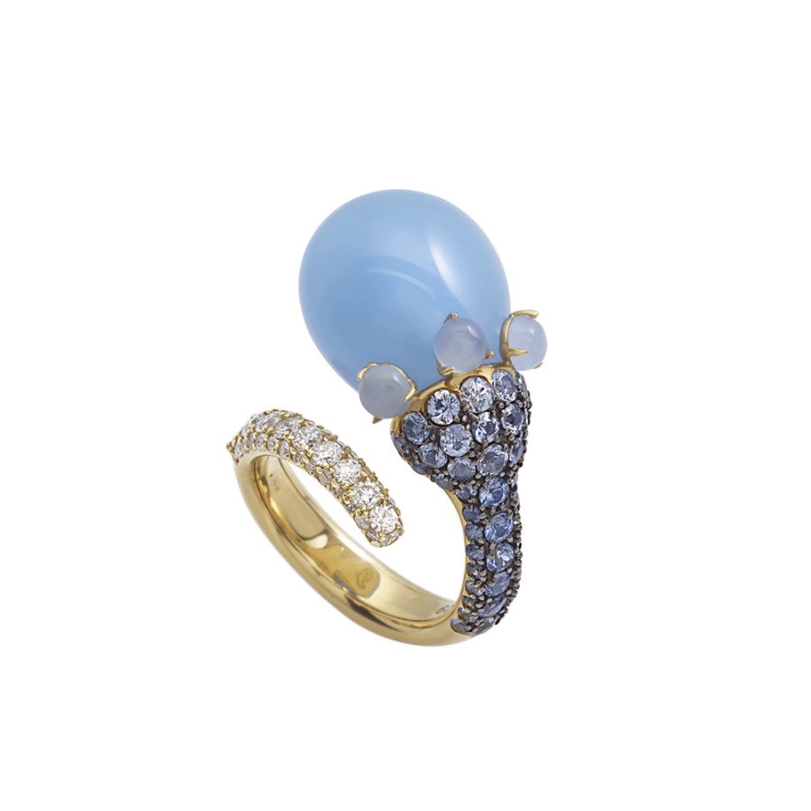 Jewelry Chantecler | Anello Joyful In Oro Giallo 18Kt, Diamanti, Zaffiri Azzurri E Poire In Cristallo Color Glicine. Cod.41959