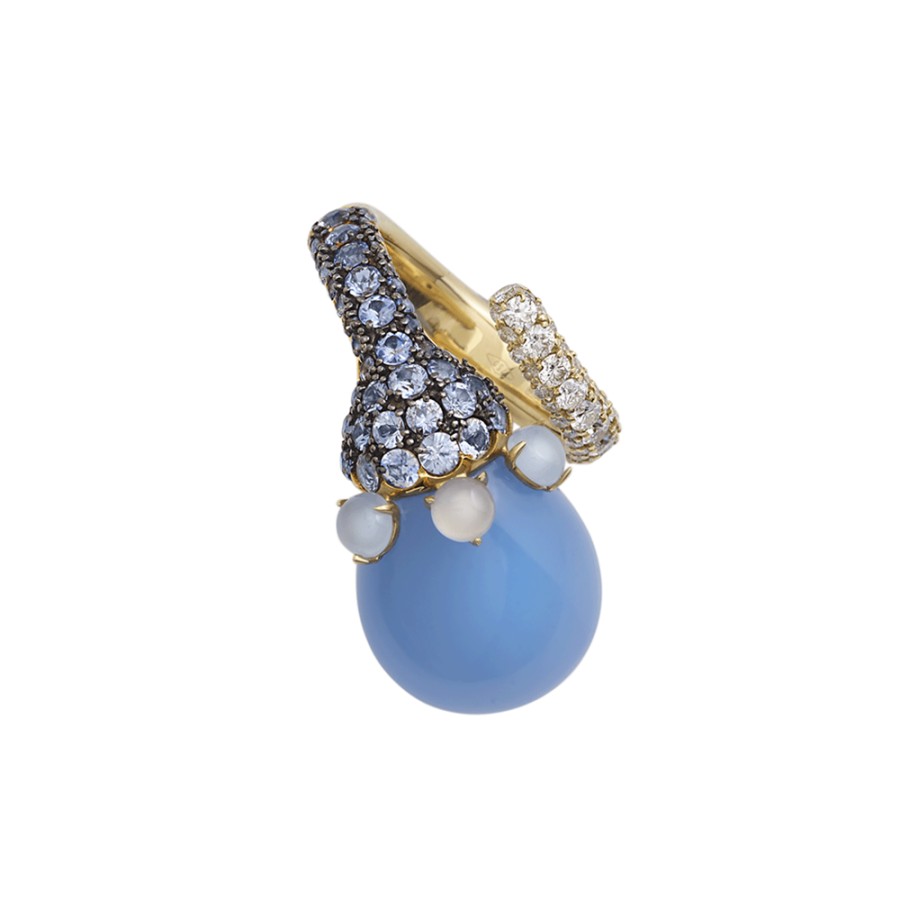 Jewelry Chantecler | Anello Joyful In Oro Giallo 18Kt, Diamanti, Zaffiri Azzurri E Poire In Cristallo Color Glicine. Cod.41959