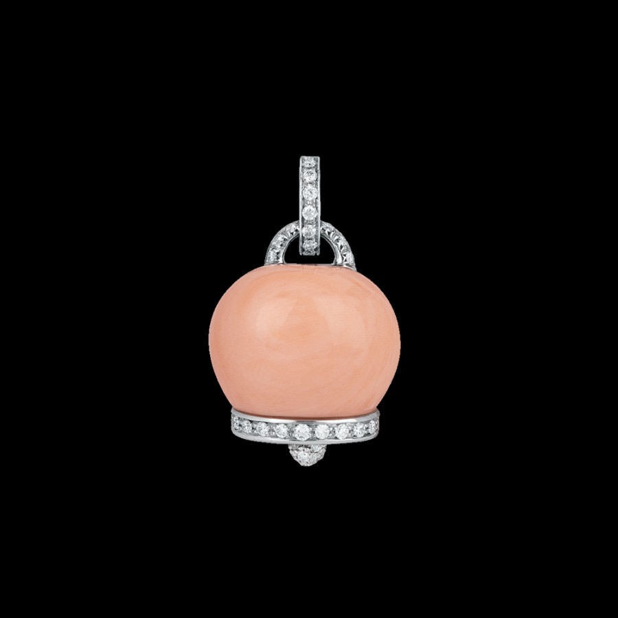 Jewelry Chantecler | Ciondolo Campanella Grande In Oro Bianco 18Kt, Diamanti E Corallo Rosa Cod.17521