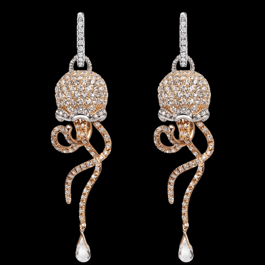 Jewelry Chantecler | Orecchini Campanella Medusa In Oro Rosa E Bianco 18Kt, Pave Di Diamanti E Briolette In Cristallo Cod.32031