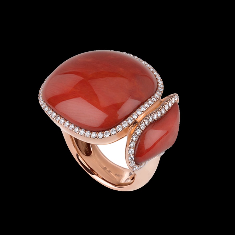 Jewelry Chantecler | Anello Scultura Enchante In Oro Rosa 18Kt, Diamanti E Corallo Rosso Cod.37212