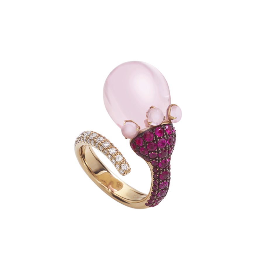 Jewelry Chantecler | Anello Joyful In Oro Rosa 18Kt, Diamanti, Zaffiri Rosa E Poire In Cristallo Color Rosa. Cod.41957