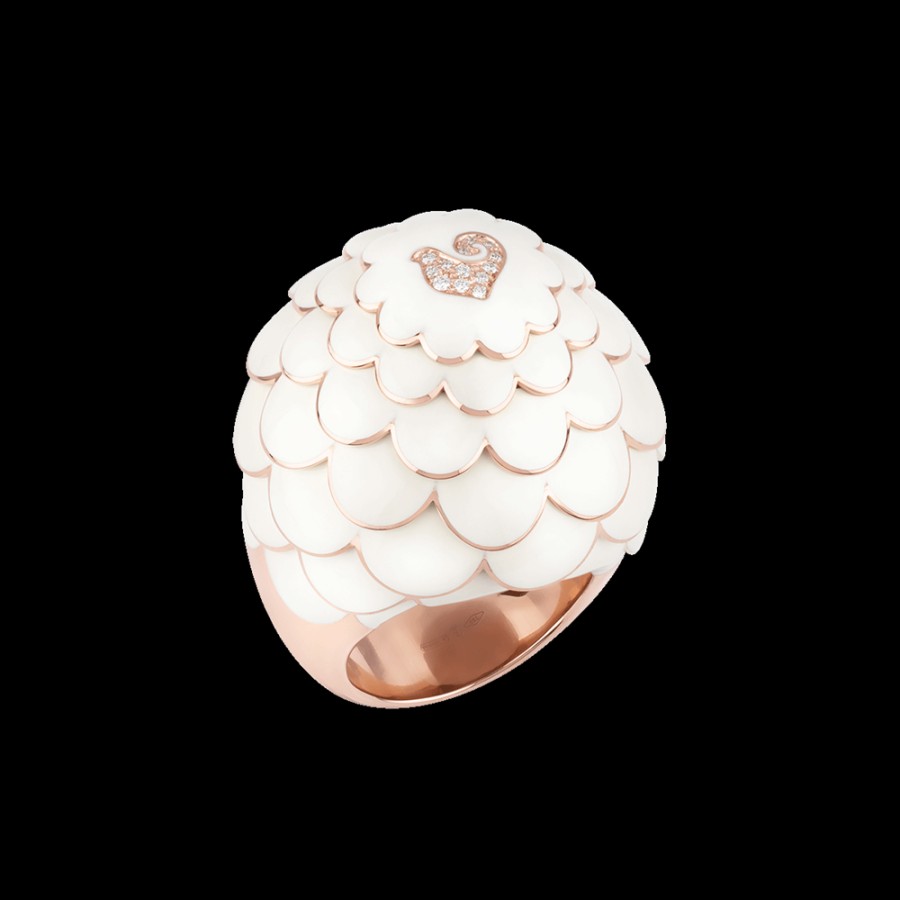 Jewelry Chantecler | Anello Cupola Paillettes In Oro Rosa 18Kt, Diamanti E Smalto Bianco Cod.41134