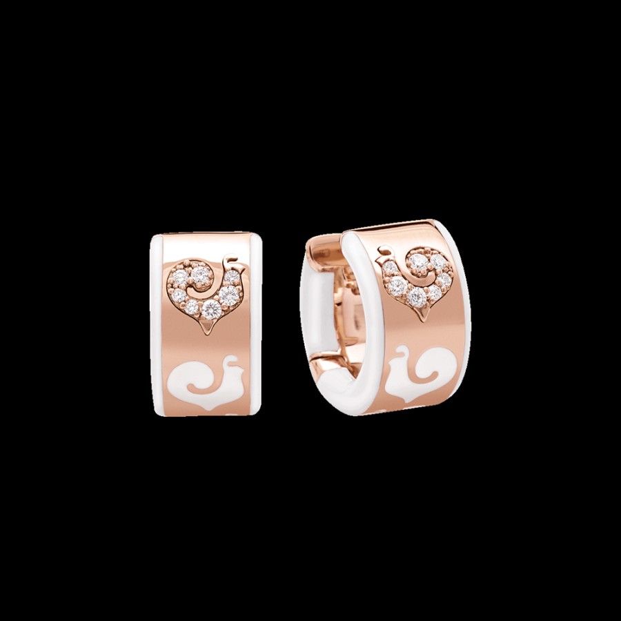 Jewelry Chantecler | Orecchini A Cerchietto Carousel In Oro Rosa 18Kt, Galli In Pave Di Diamanti E Smalto Bianco Cod.41311