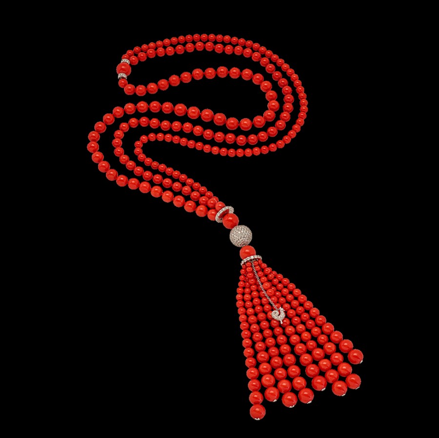 Jewelry Chantecler | Sautoir Cherie In Oro Bianco 18Kt, Corallo Rosso E Sfera In Pave Di Diamanti Cod.27389