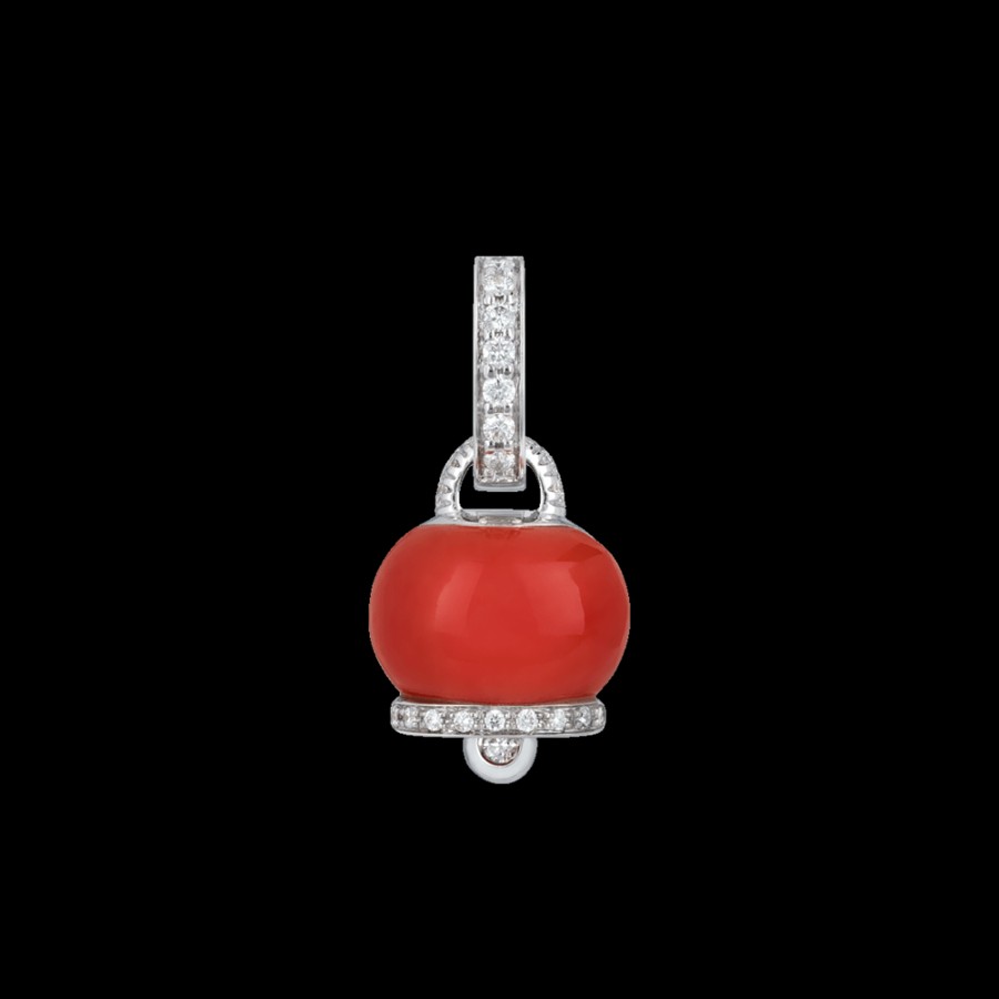 Jewelry Chantecler | Ciondolo Campanella Piccolo In Oro Bianco 18Kt, Diamanti E Corallo Rosso Cod.30953