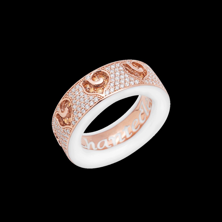 Jewelry Chantecler | Anello Fede Carousel In Oro Rosa 18Kt E Pave Di Diamanti, Galli In Diamanti Champagne E Smalto Bianco Cod.41110