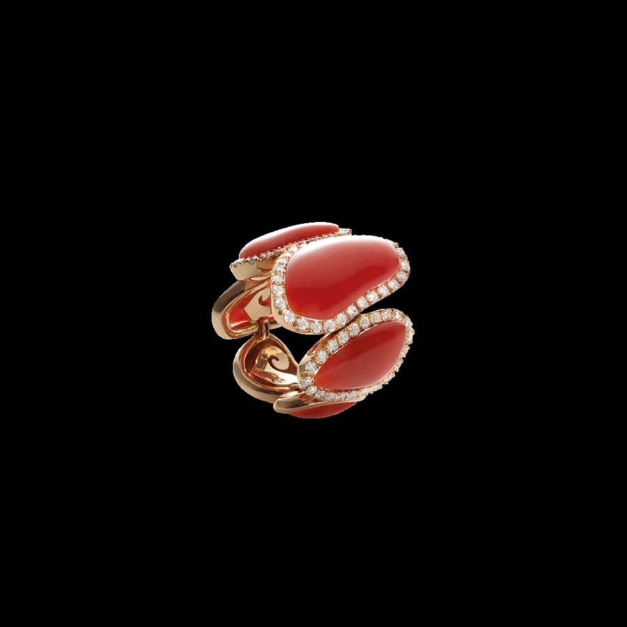 Jewelry Chantecler | Anello Fascia Enchante In Oro Rosa 18Kt, Diamanti E Corallo Rosso Cod.36253