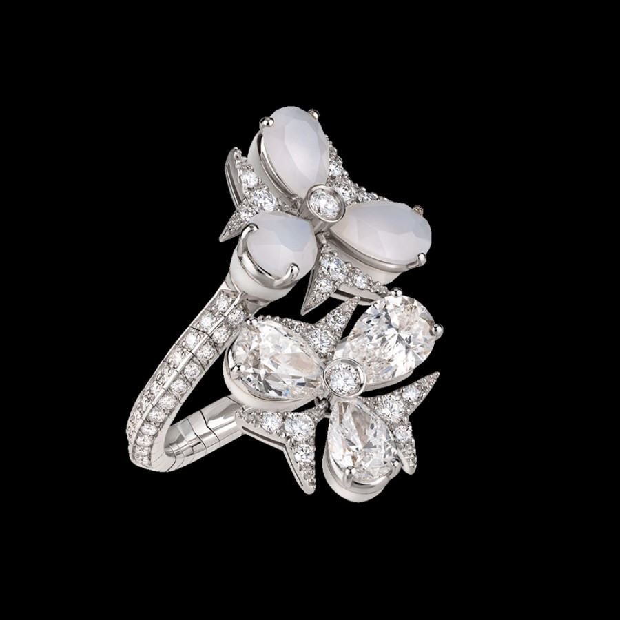 Jewelry Chantecler | Anello Contrarie Caleidoscopio In Oro Bianco 18Kt, Diamanti E Agata Milky Cod.41621