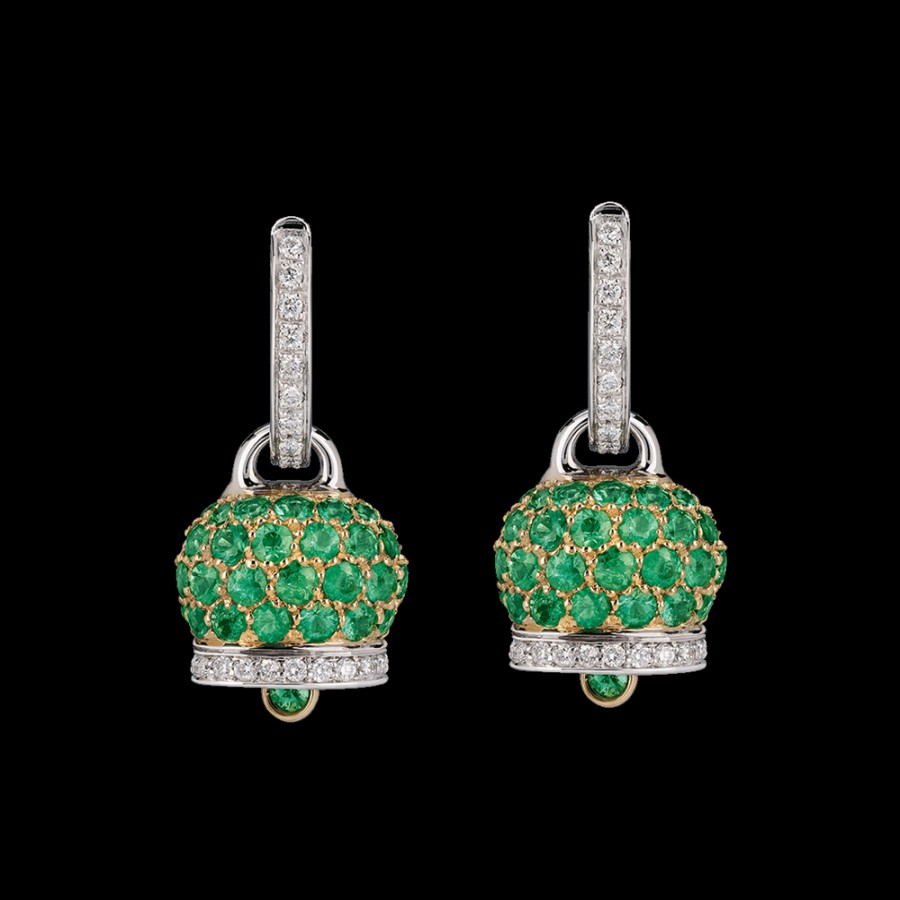 Jewelry Chantecler | Orecchini Campanella Medi In Oro Giallo E Bianco 18Kt, Diamanti E Pave Di Smeraldi Cod.24625