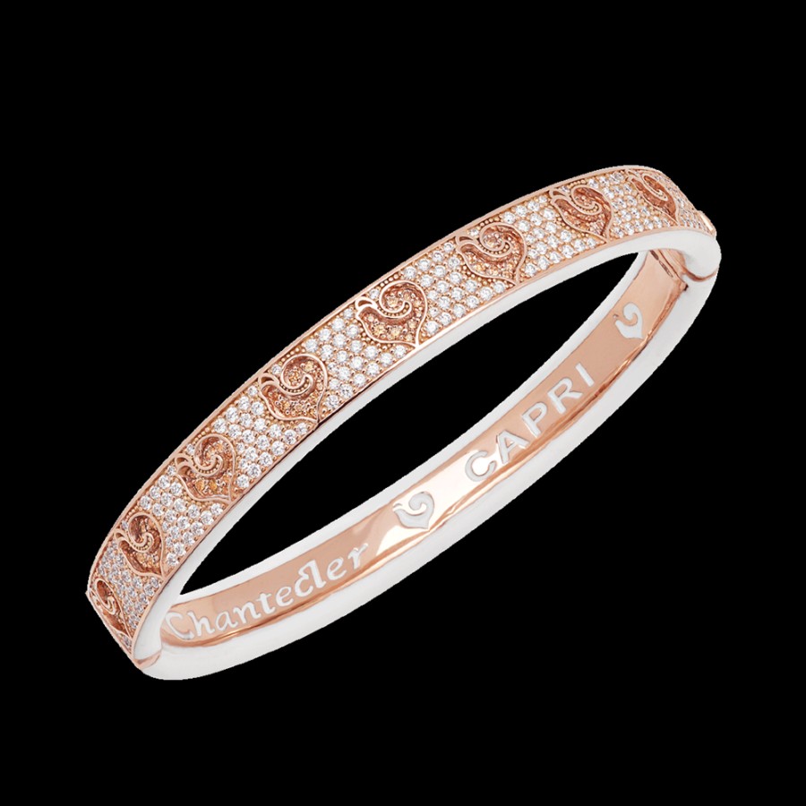 Jewelry Chantecler | Bracciale Rigido Carousel In Oro Rosa 18Kt E Pave Di Diamanti, Galli In Diamanti Champagne E Smalto Bianco Cod.41321