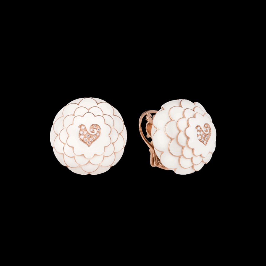 Jewelry Chantecler | Orecchini Bottone Paillettes In Oro Rosa 18Kt, Diamanti E Smalto Bianco Cod.41135