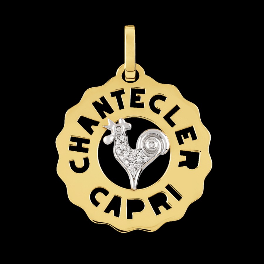 Jewelry Chantecler | Ciondolo Logo Medio Gallo In Oro Giallo E Bianco 18Kt E Diamanti Cod.23208